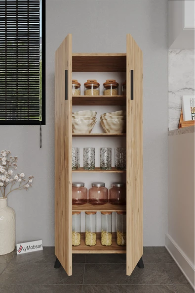 Kayra 2 Kapaklı 5 Raflı Boy Dolabı Çok Amaçlı Dolap Kiler Dolabı Mutfak Dolabı, Çam - Resim 2