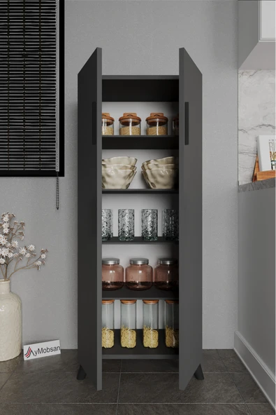 Kayra 2 Kapaklı 5 Raflı Boy Dolabı Çok Amaçlı Dolap Kiler Dolabı Mutfak Dolabı, Antrasit - Resim 2