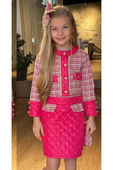 Kız Çocuk Kapitone ve Altın Şerit Detaylı Şanel Fuşya Etekli Takım - Resim 2