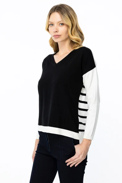 49316 ONTEKS İKİ RENKLİ ARKASI ÇİZGİLİ V YAKA KAZAK - Resim 3