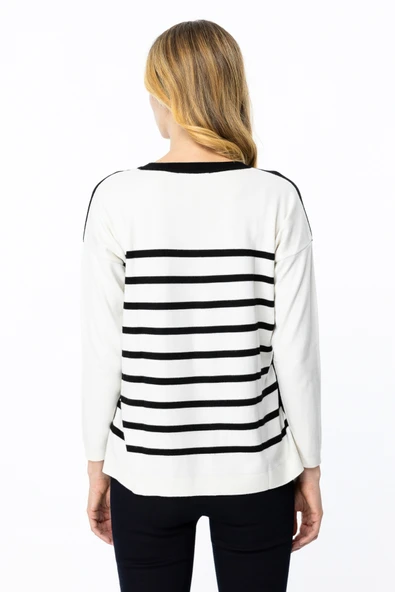 49316 ONTEKS İKİ RENKLİ ARKASI ÇİZGİLİ V YAKA KAZAK - Resim 4