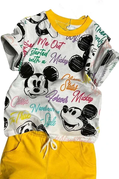 Erkek Çocuk Renkli Yazılar ve Karakter Baskılı Sarı Şortlu Takım - Resim 2