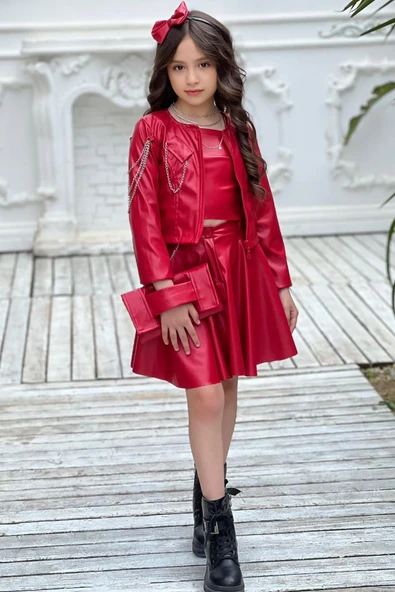 Kız Çocuk Zincir Detaylı Ceket Beli Manşetli Etek ve Croplu Kırmızı Etekli Takım ürün görseli