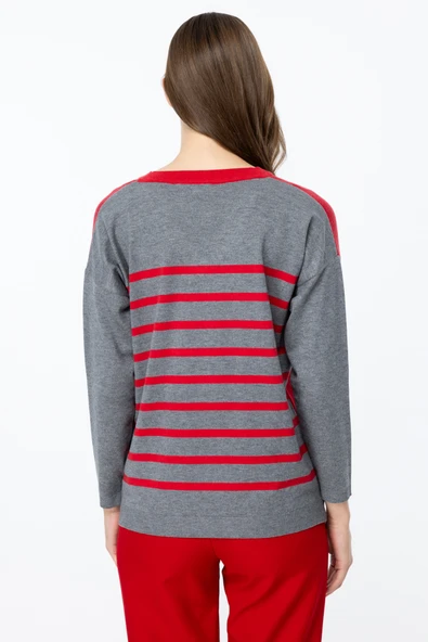 49316 ONTEKS İKİ RENKLİ ARKASI ÇİZGİLİ V YAKA KAZAK - Resim 7