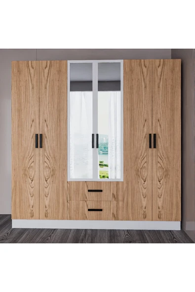 AYMOBSAN Valeria 6 Kapılı 2 Çekmeceli Gardrop Geniş Dolap & Aynalı Elbise Dolabı Atlantik Çam & Beyaz - Resim 6