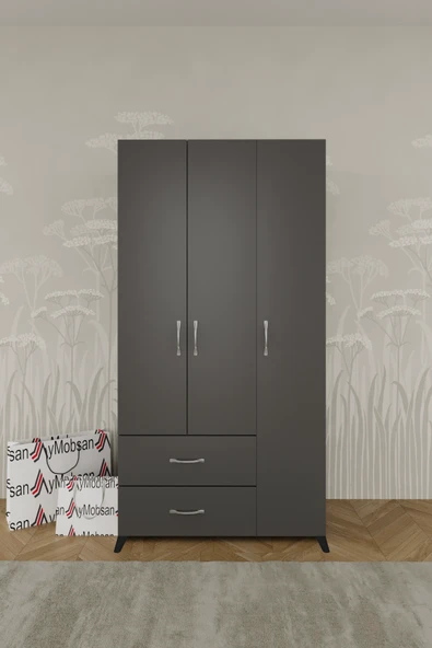 AYMOBSAN Mavera 3 Kapaklı 2 Çekmeceli Gardrop, Antrasit, 90 cm - Resim 3