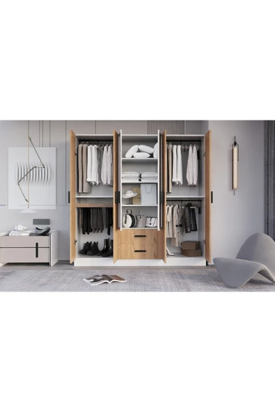 AYMOBSAN Valeria 6 Kapılı 2 Çekmeceli Gardrop Geniş Dolap & Aynalı Elbise Dolabı Atlantik Çam & Beyaz - Resim 5