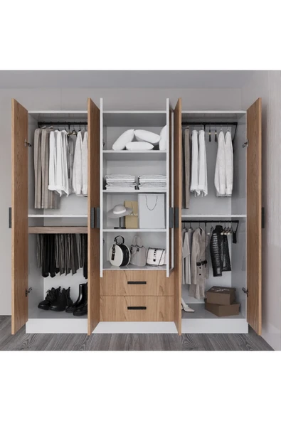AYMOBSAN Valeria 6 Kapılı 2 Çekmeceli Gardrop Geniş Dolap & Aynalı Elbise Dolabı Atlantik Çam & Beyaz - Resim 4