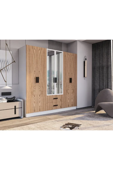 AYMOBSAN Valeria 6 Kapılı 2 Çekmeceli Gardrop Geniş Dolap & Aynalı Elbise Dolabı Atlantik Çam & Beyaz - Resim 2