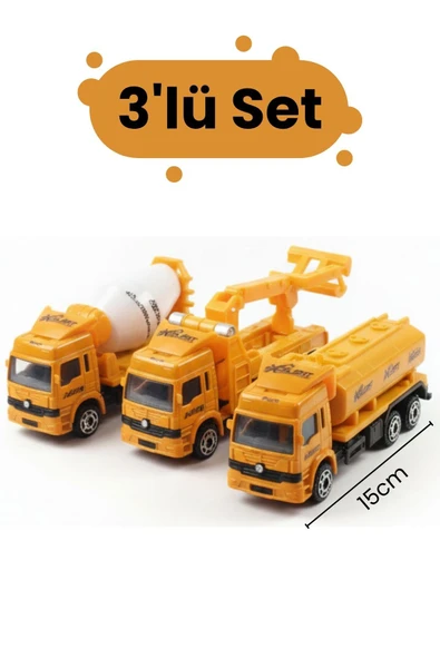 3’lü İnşaat Kamyon Seti – 15 cm Oyuncak Beton Mikseri, Vinç ve Tanker ürün görseli 1