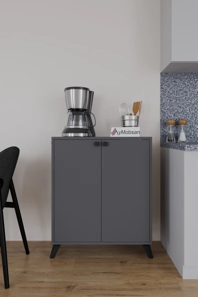 AYMOBSAN Seren 2 Kapaklı 4 Raflı Boy Dolabı Çok Amaçlı Dolap Kiler Dolabı Mutfak Dolabı Antrasit - Resim 2