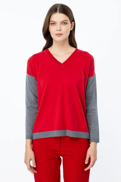 49316 ONTEKS İKİ RENKLİ ARKASI ÇİZGİLİ V YAKA KAZAK ürün görseli