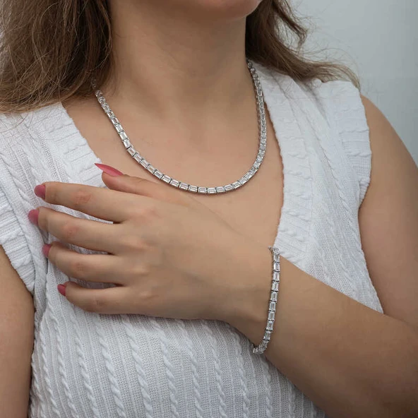 Gümüş Beyaz Taşlı Su Yolu Kadın Set - Resim 5