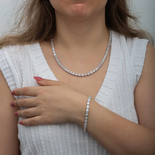 Gümüş Beyaz Taşlı Su Yolu Kadın Set - Resim 3