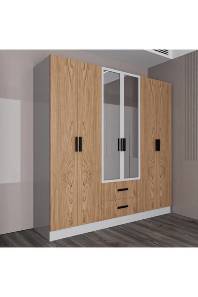 AYMOBSAN Valeria 6 Kapılı 2 Çekmeceli Gardrop Geniş Dolap & Aynalı Elbise Dolabı Atlantik Çam & Beyaz - Resim 3