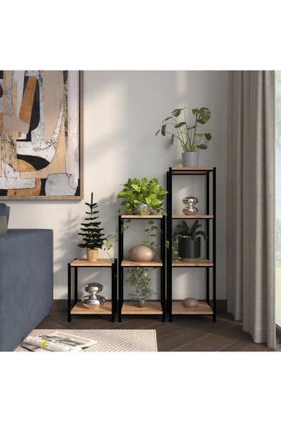 AYMOBSAN ILGAZ METAL AYAKLI 9 RAFLI 6 BÖLMELİ 3'LÜ SET ÇİÇEKLİK RAF SETİ DEKORATİF ÇİÇEKLİK RAFI ürün görseli