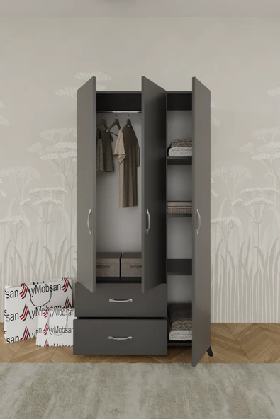 AYMOBSAN Mavera 3 Kapaklı 2 Çekmeceli Gardrop, Antrasit, 90 cm - Resim 2