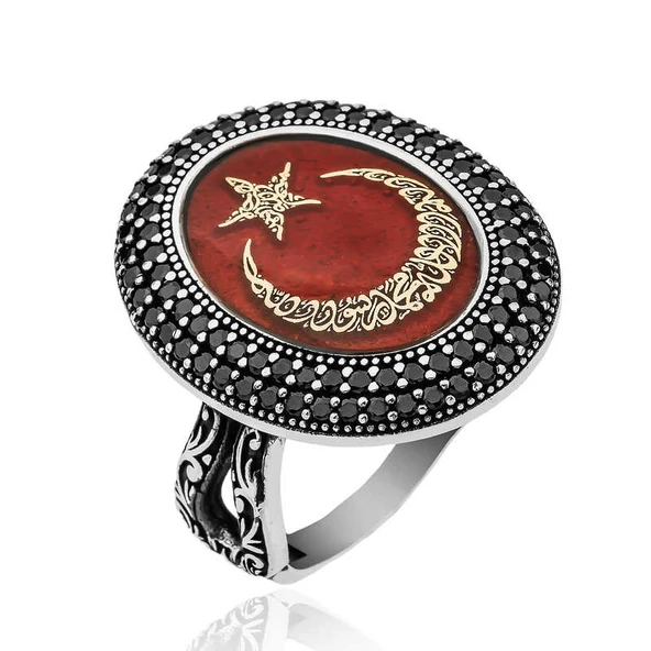 Gümüş Göktürkçe alfabesi Yazılı Ay Yıldız Bayan Yüzük - Resim 2