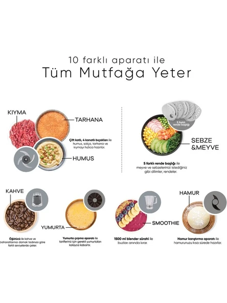 KARACA Mastermaid Power Multifunctional 10 in 1 Soft Cream Mutfak Robotu, Blender Seti 2000w - Resim 8