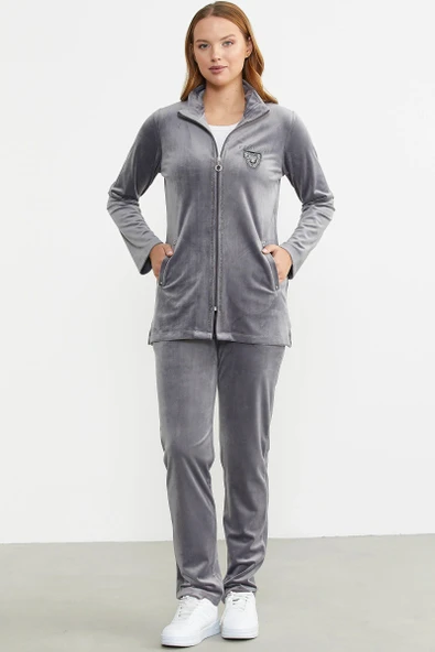 24K2238-76385 SEMENTA KADİFE DİK YAKA TUNİK EŞOFMAN TAKIM - Resim 6