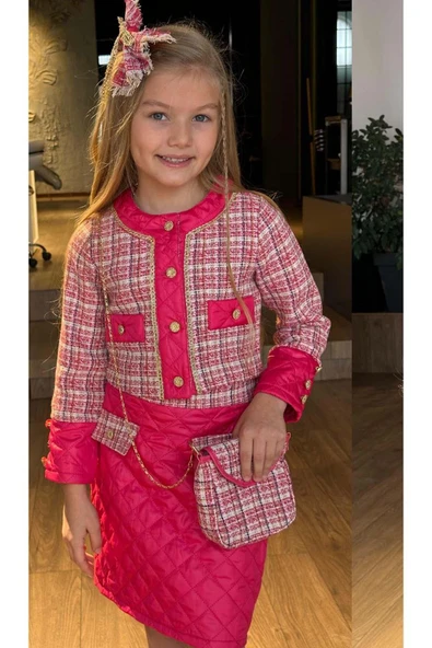 Kız Çocuk Kapitone ve Altın Şerit Detaylı Şanel Fuşya Etekli Takım ürün görseli