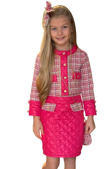 Kız Çocuk Kapitone ve Altın Şerit Detaylı Şanel Fuşya Etekli Takım - Resim 5