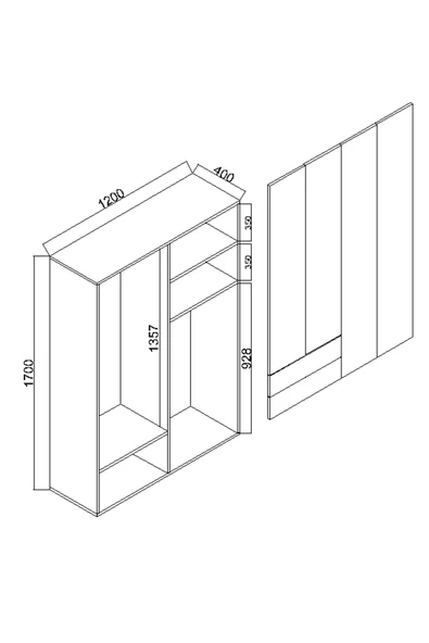 AYMOBSAN Mavera 4 Kapaklı 2 Çekmeceli Gardrop, 120 - Resim 4