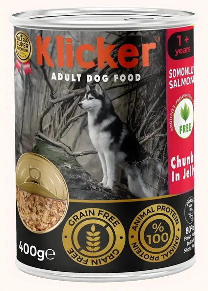 KLICKER 12 ADET JÖLELİ PARÇA ETLİ YETİŞKİN KÖPEK KONSERVE YAŞ MAMASI SOMONLU 400 GR ürün görseli