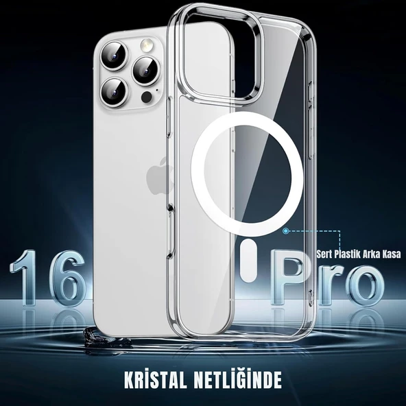 Cisteen Apple iPhone 16 Pro uyumlu Magsafe Şarj Özellikli Şeffaf Sert PC SARARMAZ Telefon Kılıfı  - Resim 6