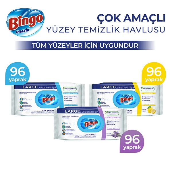 Bingo Yüzey Temizlik Havlusu Beyaz Sabun, Lavanta & Limon 96'lı (288 YAPRAK) ürün görseli 1