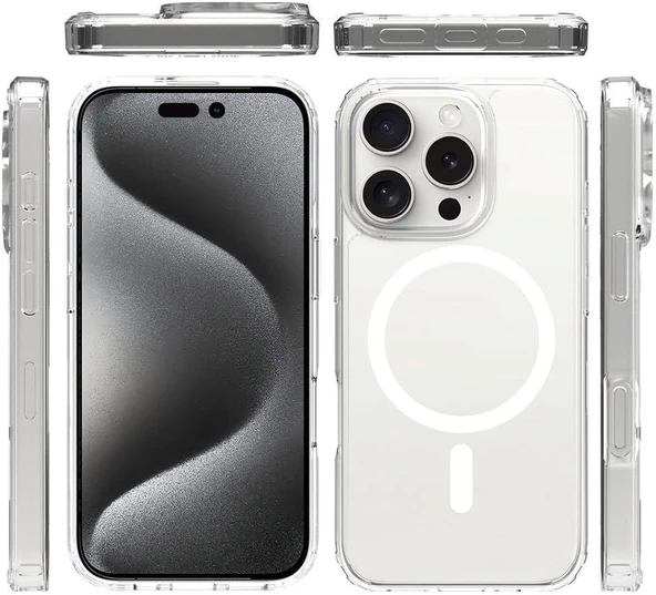 Cisteen Apple iPhone 15 Pro Max uyumlu Magsafe Şarj Özellikli Şeffaf Sert PC SARARMAZ Telefon Kılıfı  - Resim 2