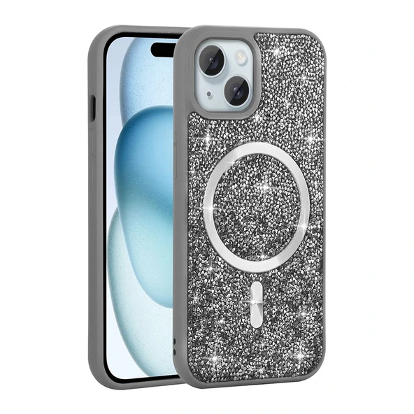 iPhone 13 Kılıf Pırlanta Tasarımlı M-safe Şarj Özellikli Mozaik Silikon Kapak - Resim 6