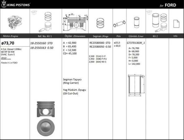 Ford Motor Piston+segmanı ( Riken )  73,70+0,50mm Cap Fiesta V 1.4 Tdci Dv4c  Euro 5 4 Sil. Dizel 1398cc- - Kingpiston 18-2550163 ürün görseli 1