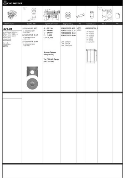 Opel Motor Piston+segmanı ( Riken )  79,00+stdmm Cap Astra G Combo Box Corsa C Meriva 0.20 MM Kisa-Y17dt/ - Kingpiston 18-3050260-20 ürün görseli