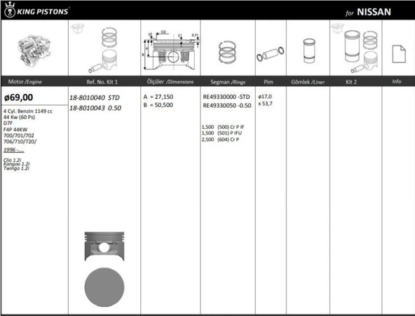 Nissan Motor Piston Segman Kangoo Clio Twingo 1,2i D7f (69,00mm) / (std) - Kingpiston 18-8010040 ürün görseli