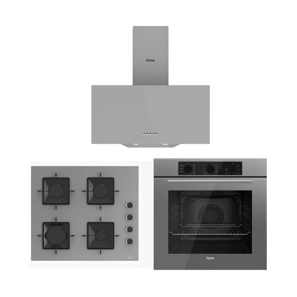 Ferre Gri Cam Ankastre Set (D088 Gri Davlumbaz -SS208 Gri Ocak- QBL62CPR Gri Fırın) ürün görseli