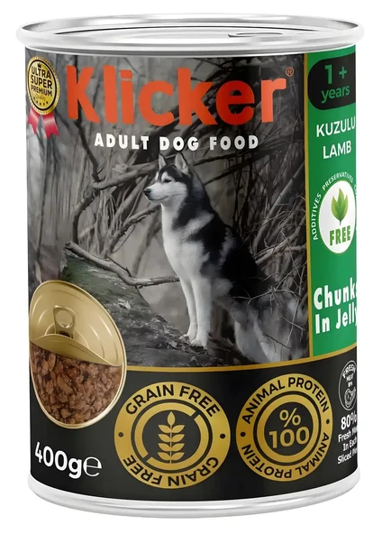 KLICKER 12 ADET JÖLELİ PARÇA ETLİ YETİŞKİN KÖPEK KONSERVE YAŞ MAMASI KUZULU 400 GR ürün görseli