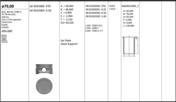 Opel Motor Piston+segmanı ( Riken )  79,00+0,50mm Cap Astra Corsa Tigra Zafıra Vectra X16xe-X16xel 4sil. - Kingpiston 18-3010383 ürün görseli