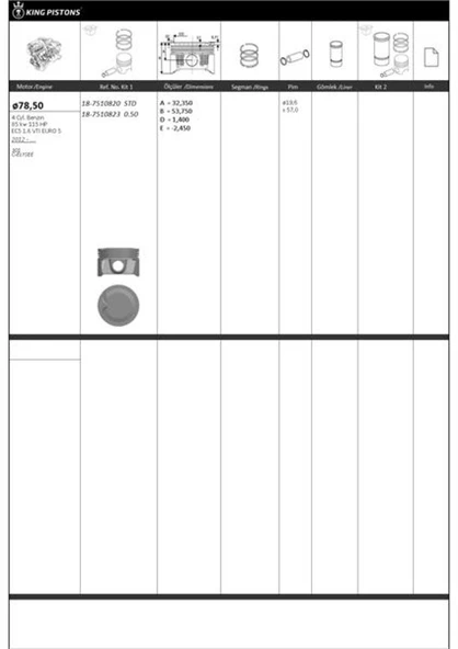 Psa Piston + Segman 78.5mm +0.50mm ( Riken Segmanlı ) 301*c-Elysee Ec5 1.6 Vti Euro 5 Engine - Kingpiston 18-7510823 ürün görseli