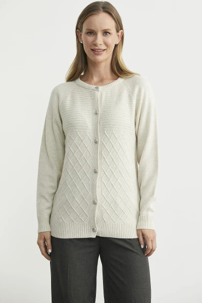 Bisiklet Yaka Motifli Triko Hırka - Taş - Resim 3