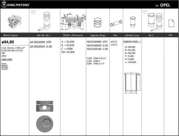 Opel Motor Piston+segmanı ( Riken )  84,80+0,50mm Cap Astra Kadett Omega Vectra 18e-18sv R 4 Benzin, 1796 - Kingpiston 18-3010593 ürün görseli