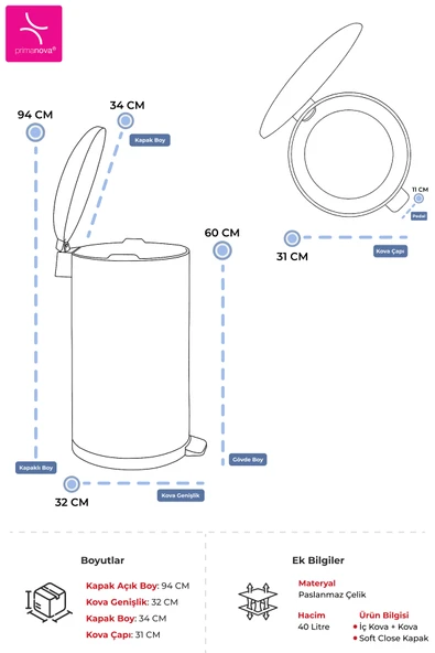 Prima Nova Paslanmaz Çelik Bombe Kapaklı Çöp Kovası 40 Litre Mat Bej - Resim 6
