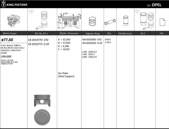 Opel Motor Piston+segmanı ( Riken )  77,60+0,50mm Cap Astra 1,4i 16v Corsa CDX 1,4i 16v Tigra1,4ı 16v X14 - Kingpiston 18-3010773 ürün görseli