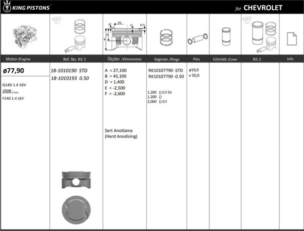 Chevrolet Piston Aveo Std (77,90 Mm) Aveo 1,4 16v - Kingpiston 18-1010190 ürün görseli 1