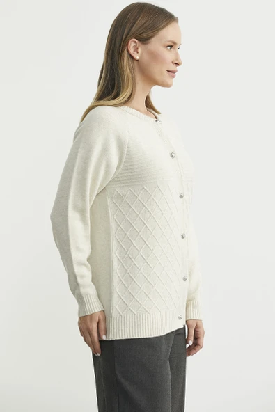 Bisiklet Yaka Motifli Triko Hırka - Taş - Resim 4