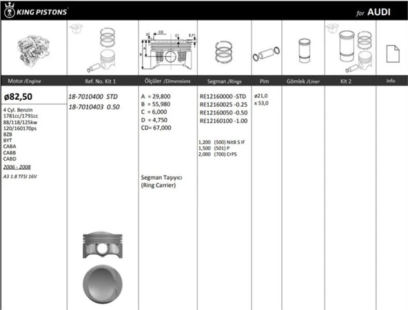 Vag Piston Segman 0.50 83,01mm A3 A4 Leon Toledo Altea Superb Octavıa Passat 1.8tsi / Tfsi Byt Bzb Caba - Kingpiston 18-7010403 ürün görseli 1