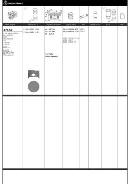 Renault Motor Piston Segman Megane Scenic R19 Clio 1,6i K7m 1 / 2, Silindir (79,50mm) / (050) Riken Segmanlı - Kingpiston 17-8010653 ürün görseli