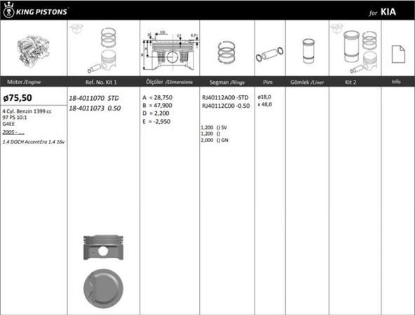 Hyundaı Motor Piston+segmanı ( Riken )  76,00+0,50mm Cap Accent Era 1.4 16v 1.4 Doch G4ee 4 Sil. Benzinli 13 - Kingpiston 18-4011073 - Resim 1
