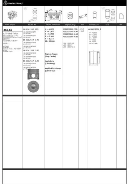 Opel Motor Piston+segmanı (riken) Astra J Corsa D Grande Punto1.3cdtı 16v Linea Grande Punto 199a3000 Mul - Kingpiston 18-3082554-20 - Resim 1