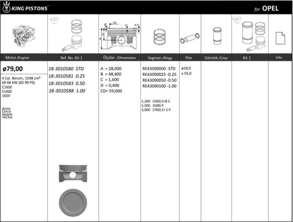Opel Motor Piston+segmanı ( Riken )  79,00+stdmm Cap Astra Corca Kadett Vectra C16se-E16se-16sv R 4 Benzi - Kingpiston 18-3010580 ürün görseli